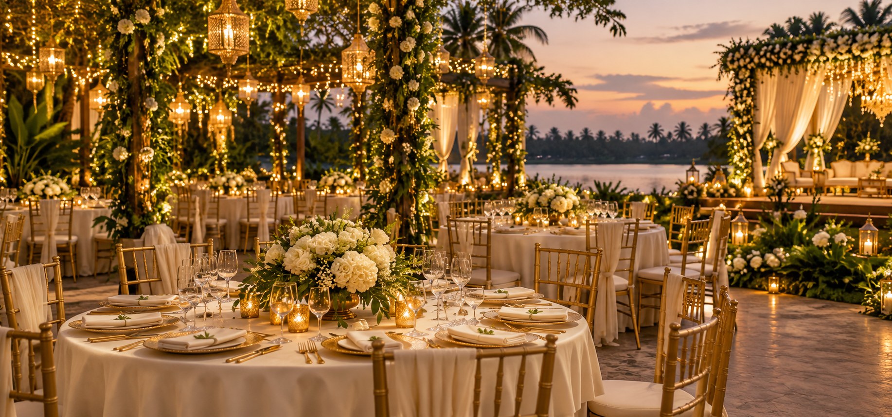 Elegant wedding banquet with flowers and warm lighting