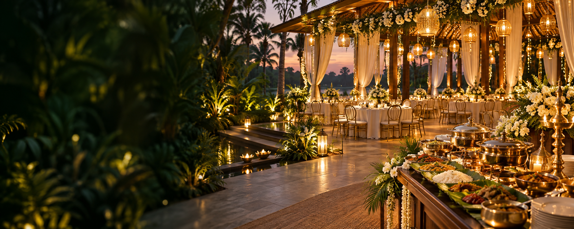 Elegant wedding banquet with flowers and warm lighting